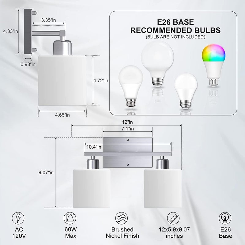 Dekang Bathroom Vanity Light Fixture Over Mirror with Brushed Nickel, Modern 2-Light Wall Sconces Lighting for Bedroom,Living Room,Decor White Glass Shades,E26 Standard Base,Bulbs Not Included - Image 3